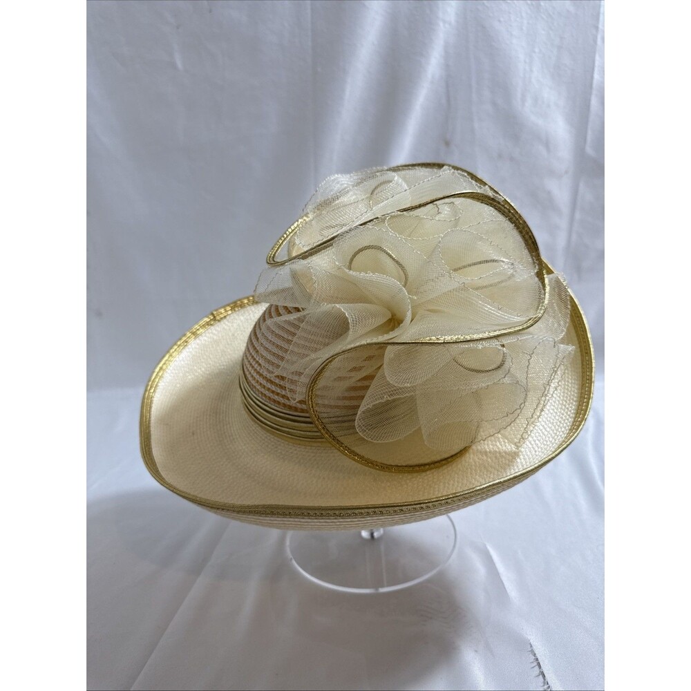 Doris Design Church Hat Womens 7 1/2 White Gold Straw Floral Design